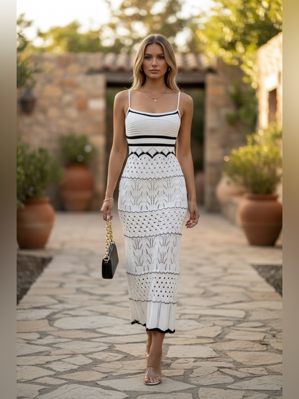 White And Black Knit Eyelet Maxi Dress
